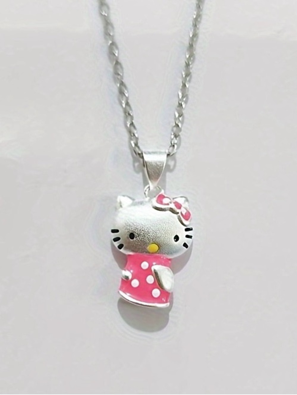 Sanrio Metal Enamel Pendant Necklace Silver Tone Hello Kitty In Pink Dress